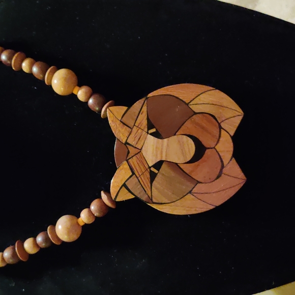 Handmade Inlaid Wood And Wood Bead Necklace - Picture 8 of 8